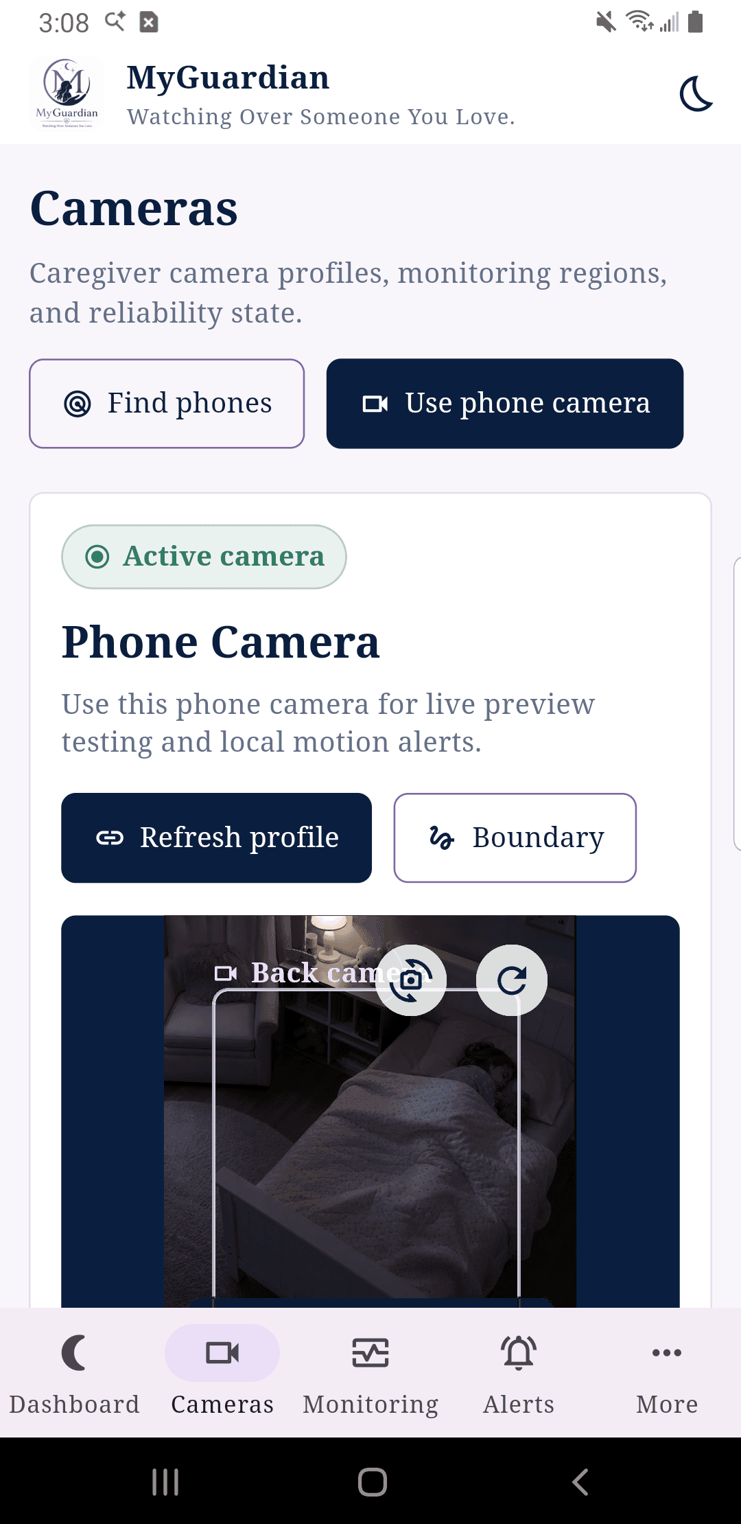 MyGuardian Android camera setup screen with a sanitized synthetic sleeping child camera feed.