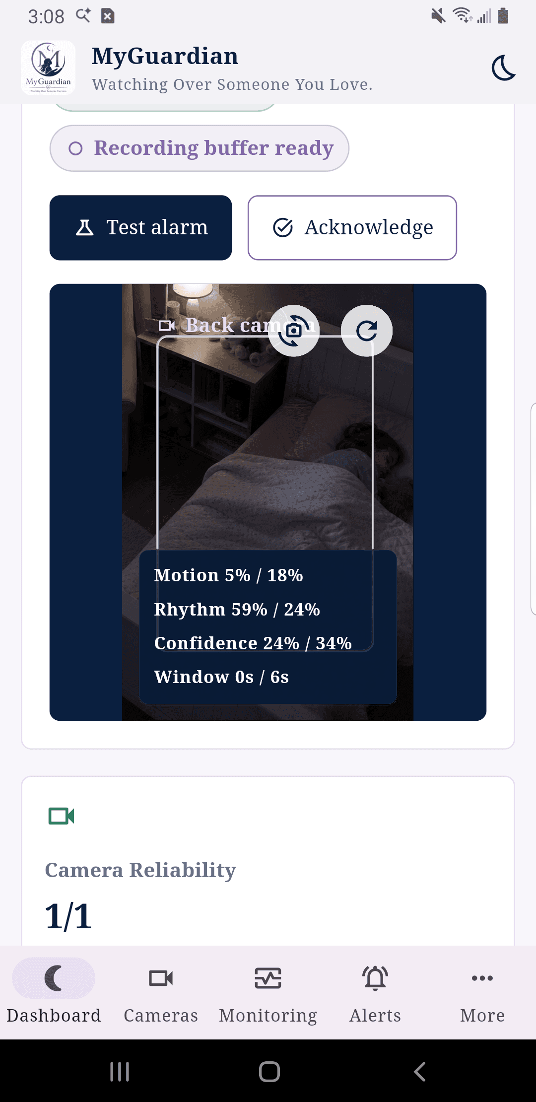 MyGuardian Android dashboard with a sanitized synthetic sleeping child camera feed.
