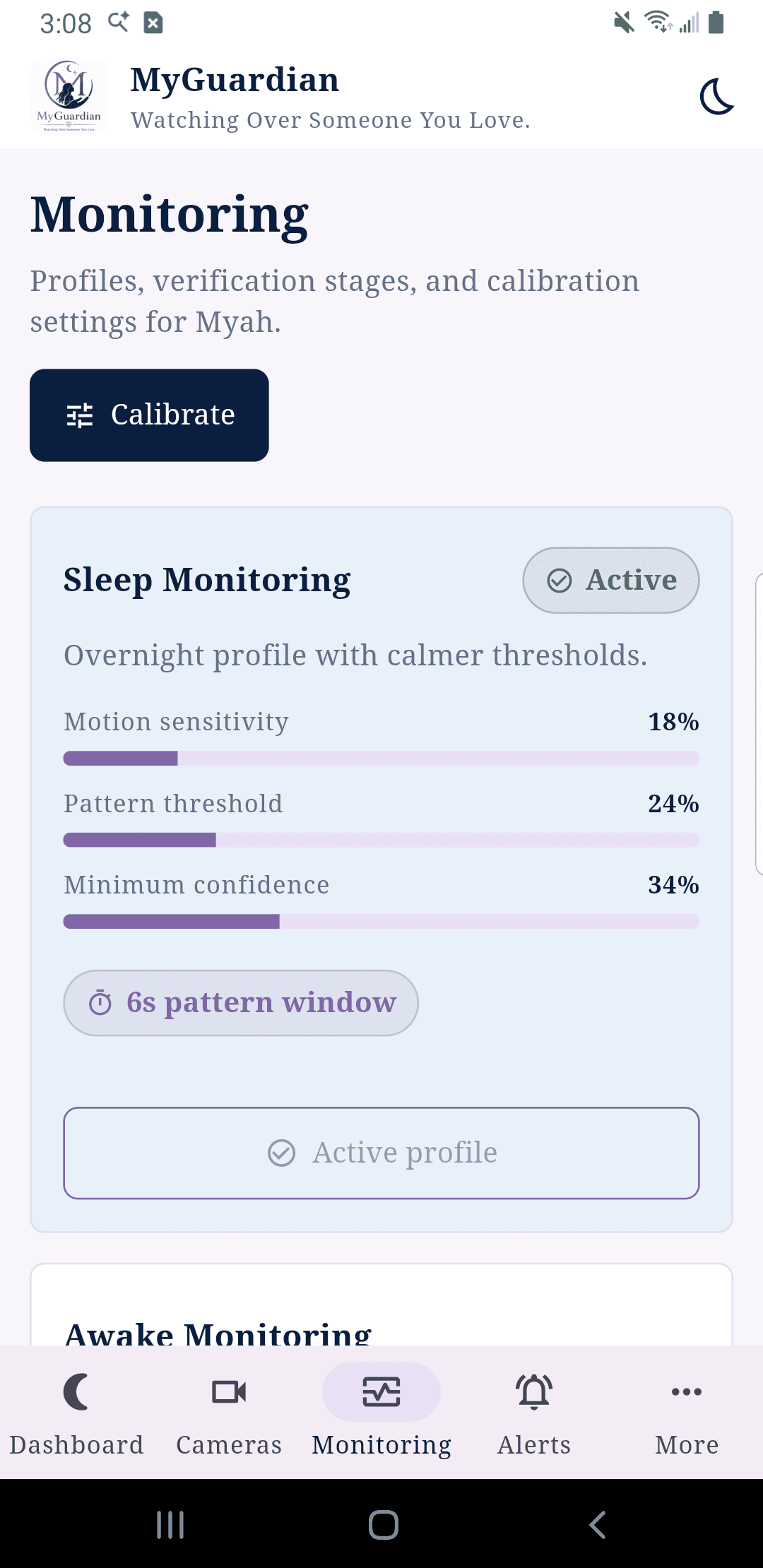 MyGuardian Android monitoring threshold screen.